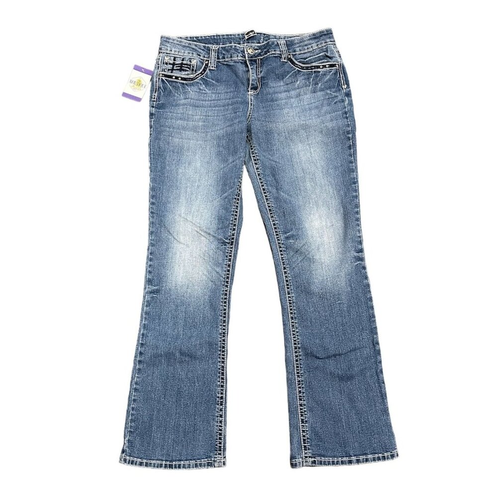 Soundgirl Jeans Juniors 17 Blue Bootcut Studs Bling Thick Stitch Fluer De Lis - Picture 16 of 16